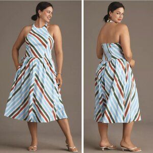 NEW Anthropologie Maeve Halter Midi Sundress Neutral Motif Stripe Preppy Resort